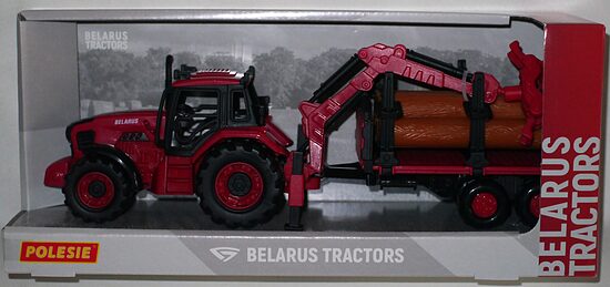 sarkans traktors baļķvedējs ar piekabi